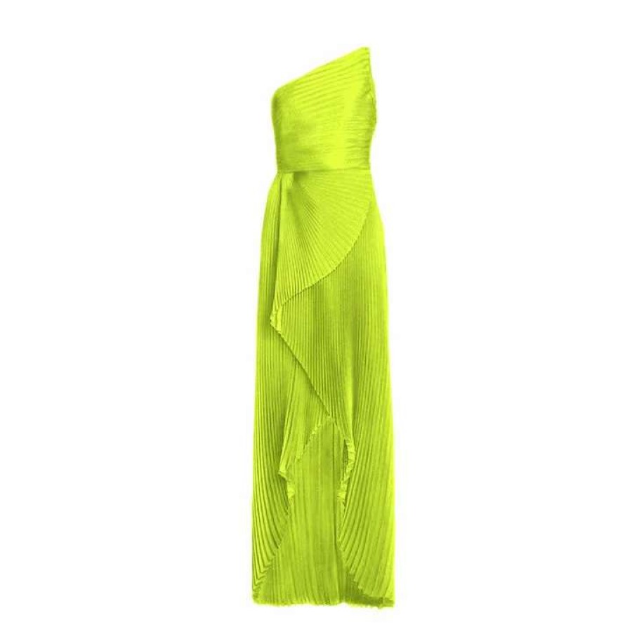 Womens * | Semsem Custom Order: One-Shoulder Asymmetric Pleated Solid Silk Gown Lime Green