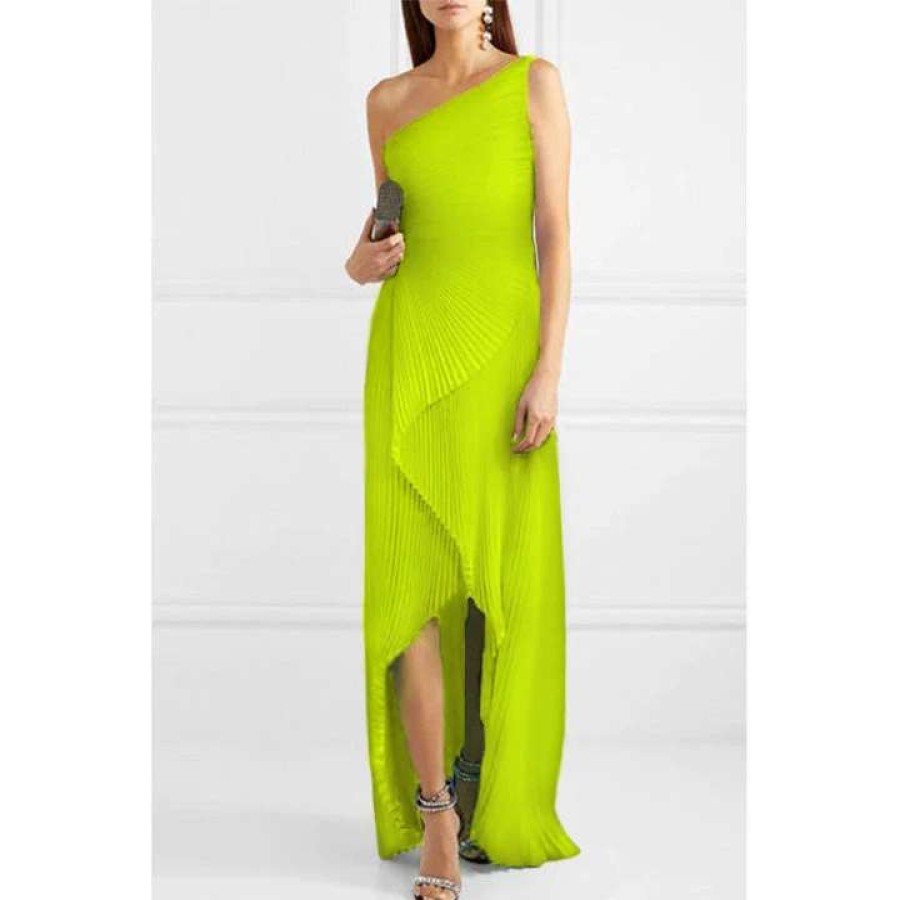 Womens * | Semsem Custom Order: One-Shoulder Asymmetric Pleated Solid Silk Gown Lime Green