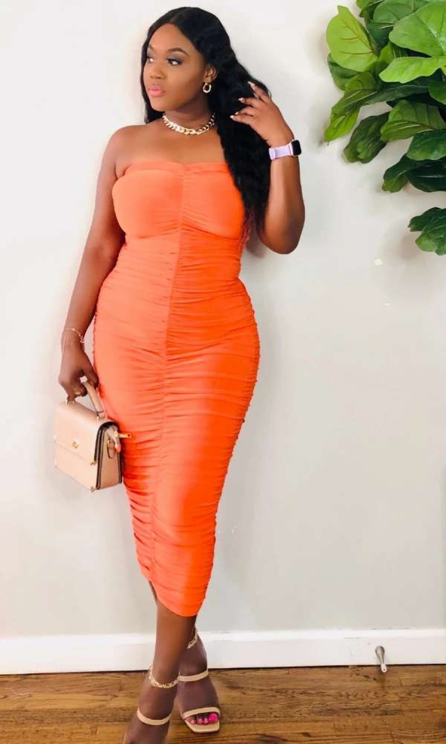 Dresses * | Shop Kloset Essentials Don'T Ruched Midi Dress (Orange)