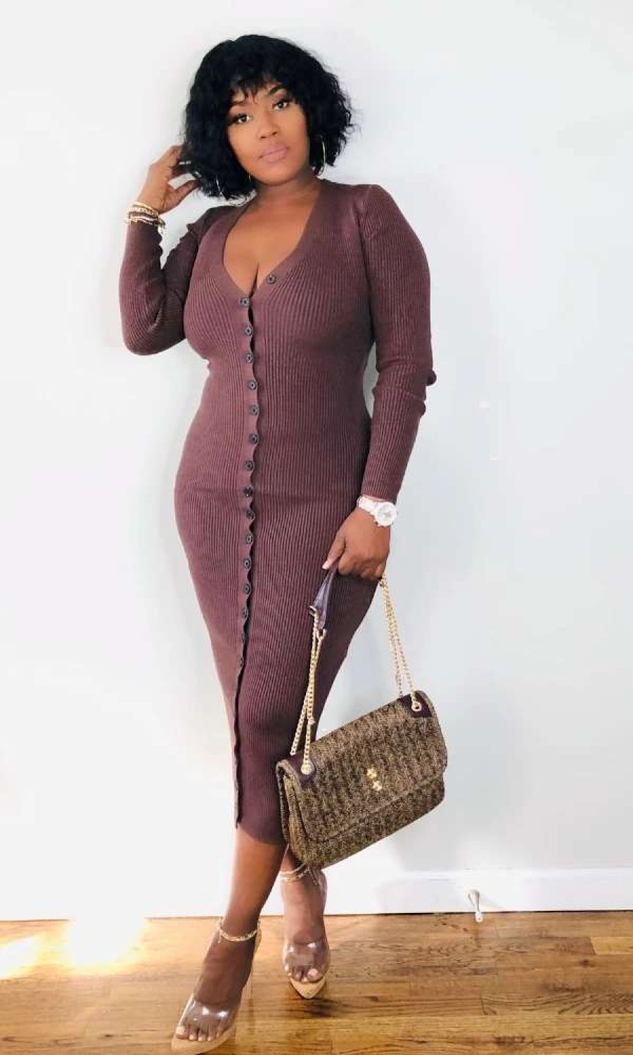 Dresses * | Shop Kloset Essentials Keeping It Close Midi Sweater Dress (Brown)