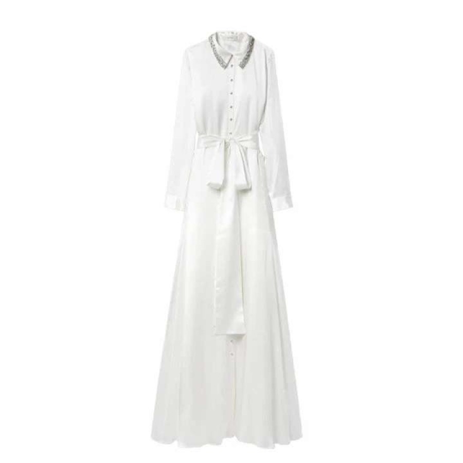 Womens * | Semsem White Belted Crystal-Embellished Silk-Satin Gown