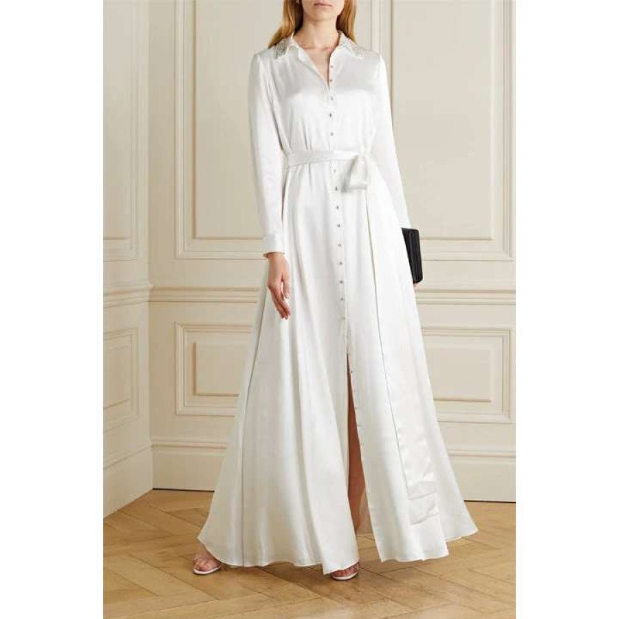 Womens * | Semsem White Belted Crystal-Embellished Silk-Satin Gown