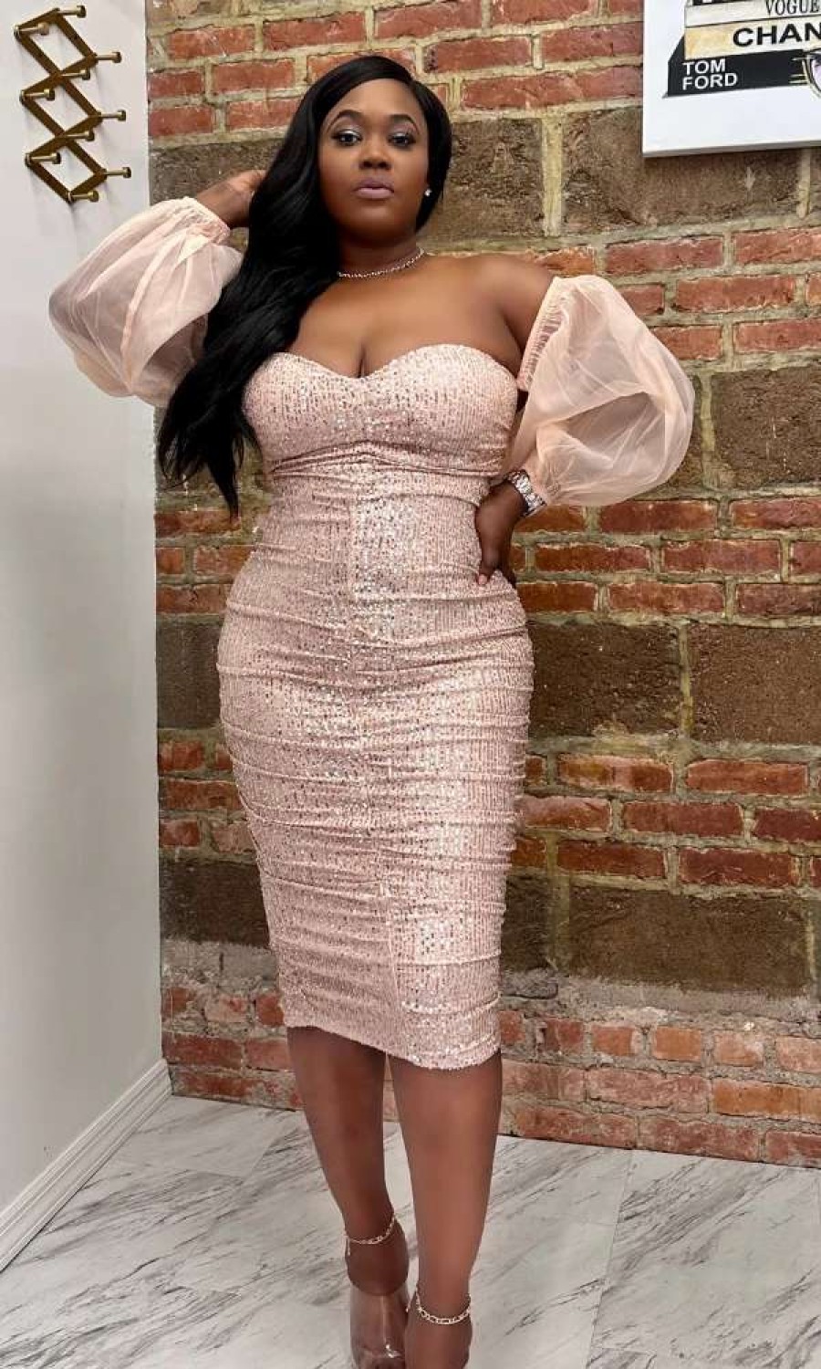 Dresses * | Shop Kloset Essentials Glitz & Glamour Puff Sleeve Midi Dress ( Blush)