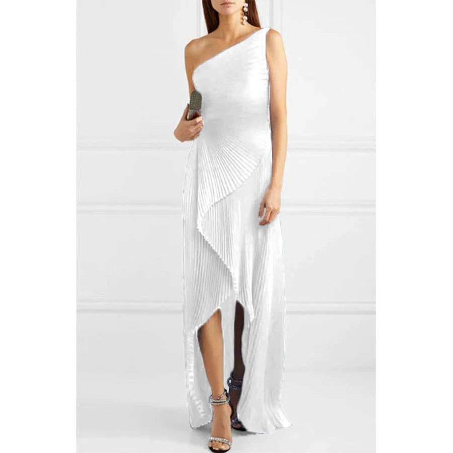 Womens * | Semsem Custom Order: One-Shoulder Asymmetric Pleated Solid Silk Gown White