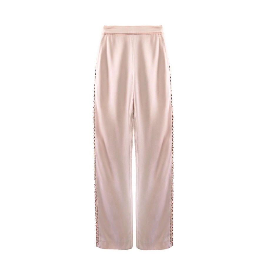 Womens * | Semsem Sample Sale: Blush Silk Wide Leg Pants With Lace Details