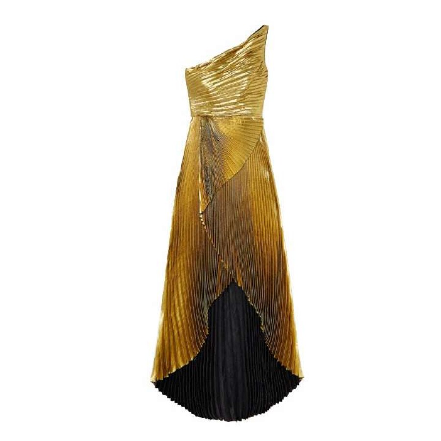 Womens * | Semsem Custom Order: One Shoulder Pleated Gold Lame Gown