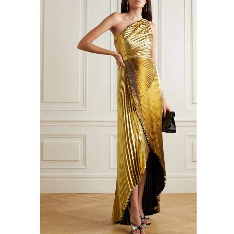 Womens * | Semsem Custom Order: One Shoulder Pleated Gold Lame Gown