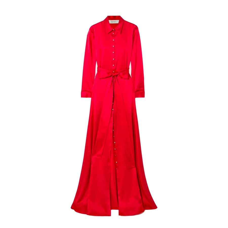 Womens * | Semsem Belted Button-Embellished Silk Maxi Shirt Dress