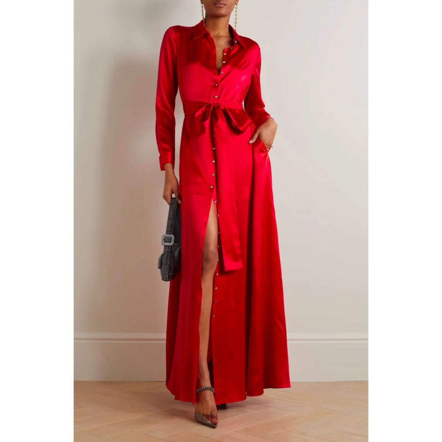 Womens * | Semsem Belted Button-Embellished Silk Maxi Shirt Dress