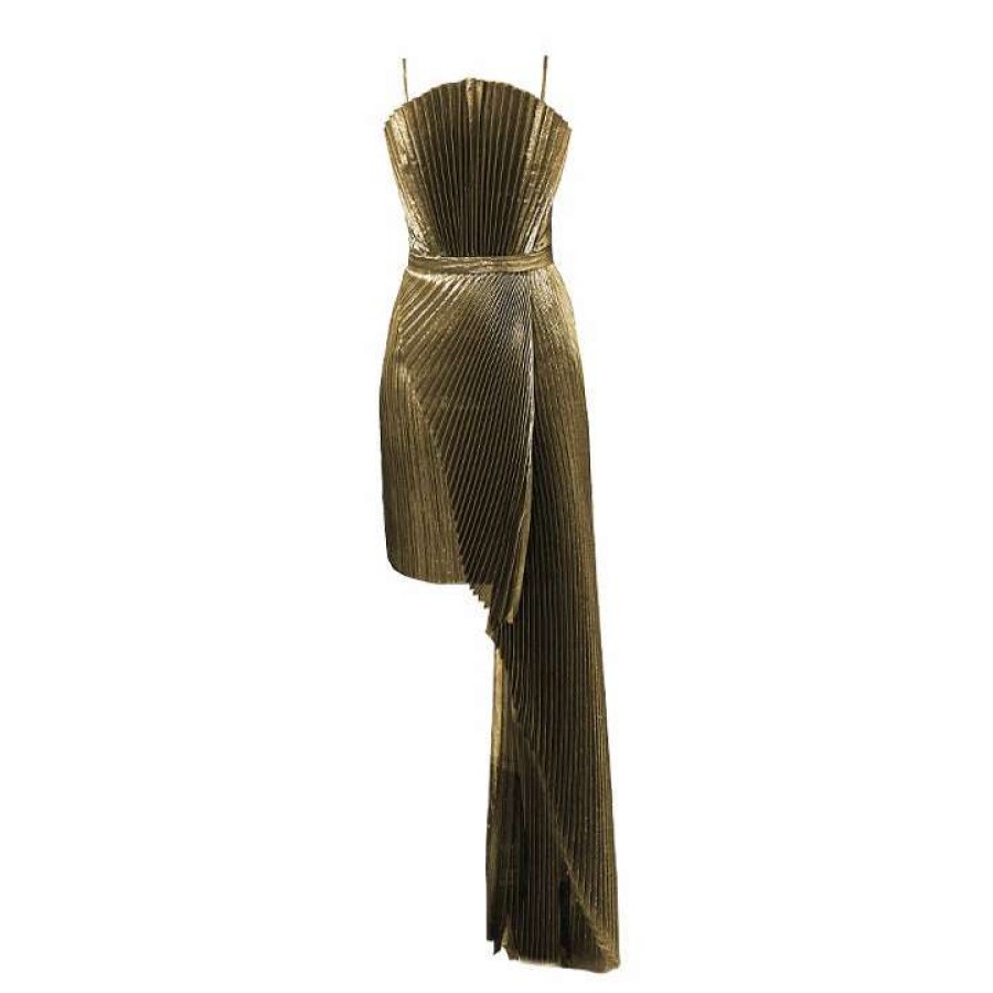 Womens * | Semsem Pleated Metallic Mini Dress With Draped Plisse' Cascade