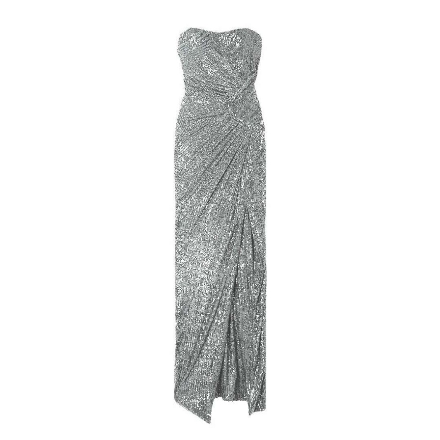 Womens * | Semsem Custom Order: Silver Gathered Sequined Stretch-Tulle Gown