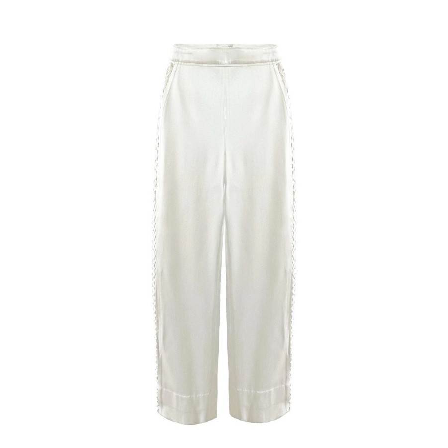 Womens * | Semsem Sample Sale: Cream Silk Wide Leg Pants With Lace Detail