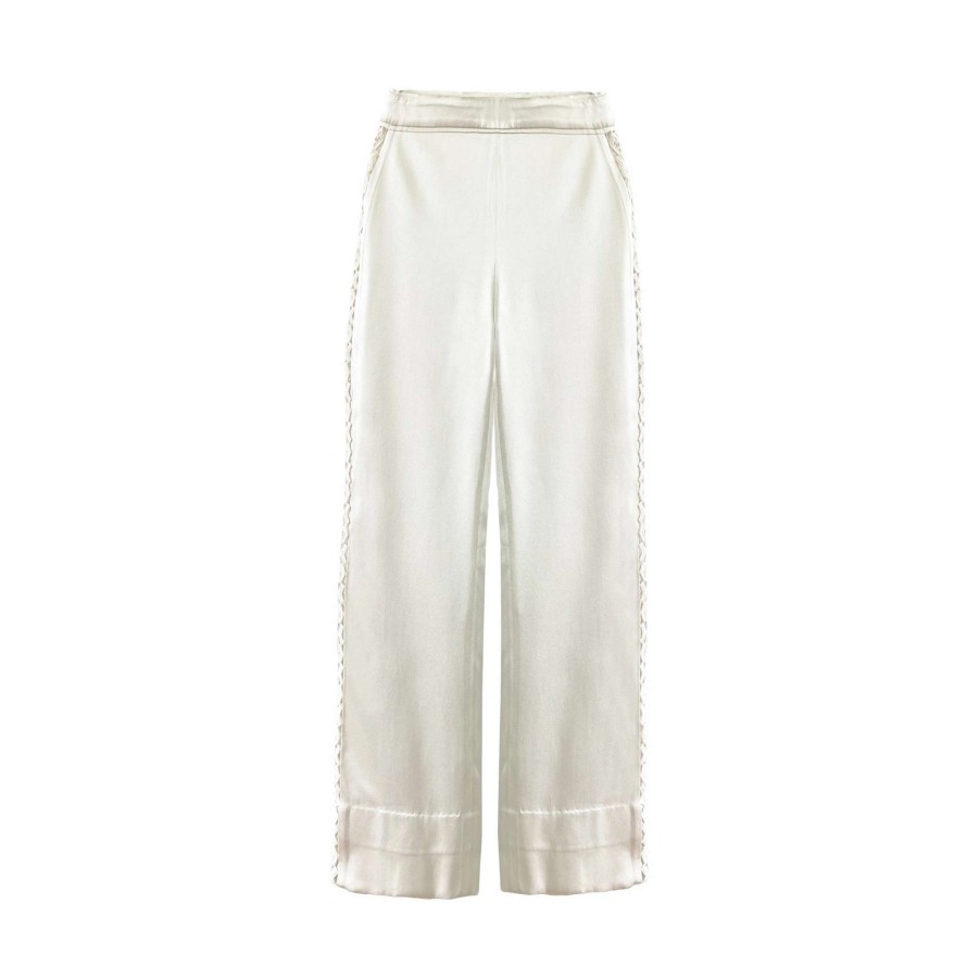 Womens * | Semsem Sample Sale: Cream Silk Wide Leg Pants With Lace Detail